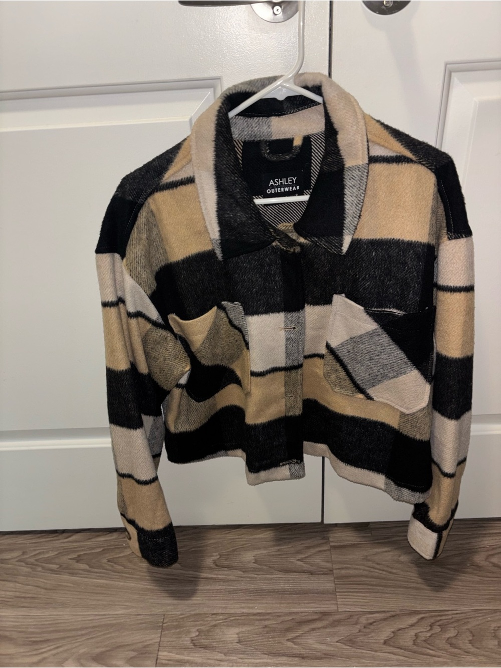 Ashley By 26 International Beige Black Gray Plaid Teddy Jacket